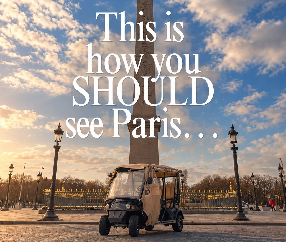 Golf cart at the Place de la Concorde obelisk — this is how you should see Paris